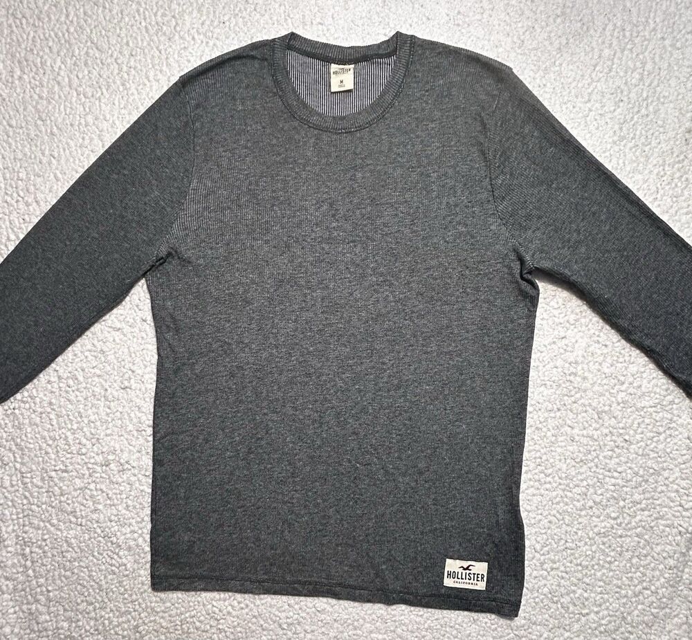 Hollister Men Shirt Size M Gray Thermal Long Sleeve Waffle Knit Patch Logo